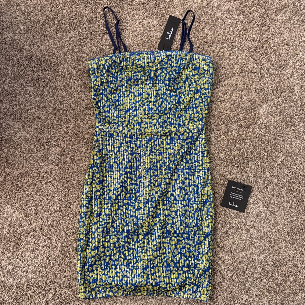 Lulu's Blue and Green Leopard Print Mini Dress (NWT)